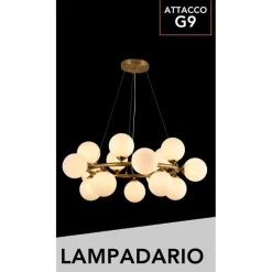 LAMPADARIO A SOSPENSIONE CONTEMPORANEO IN METALLO BRONZO CON 15 SFERE ATTACCO G9 B94