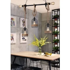 LAMPADARIO A SOSPENSIONE STILE INDUSTRIALE IN METALLO CORDA CANAPA RETRÒ B60-5