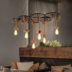 LAMPADARIO A SOSPENSIONE CON CORDE CANAPA 6 PORTALAMPADA E27 RETRÒ COUNTRY A89-6