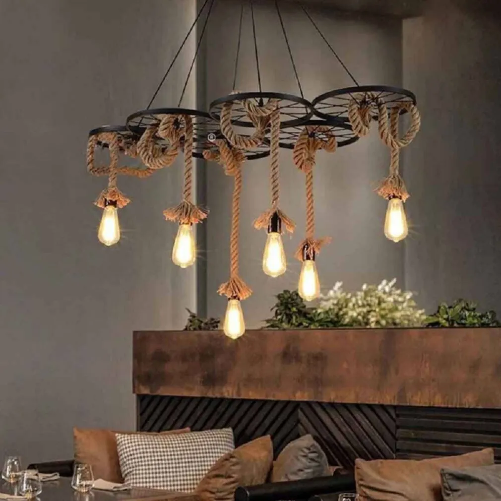 LAMPADARIO A SOSPENSIONE CON CORDE CANAPA 6 PORTALAMPADA E27 RETRÒ COUNTRY A89-6