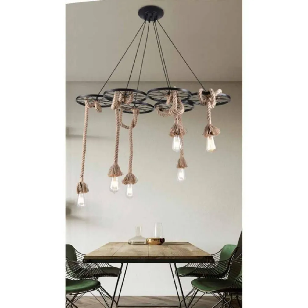 LAMPADARIO A SOSPENSIONE CON CORDE CANAPA 6 PORTALAMPADA E27 RETRÒ COUNTRY A89-6