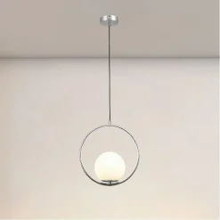 LAMPADARIO A SOSPENSIONE CERCHIO METALLO SFERA VETRO BIANCO ATTACCO E27 ARGENTO 33467