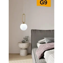 LAMPADARIO A SOSPENSIONE MINIMALISTA OVALE METALLO BRONZO CON SFERA VETRO G9 A96