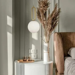 LAMPADARIO A SOSPENSIONE MINIMALISTA OVALE METALLO BRONZO CON SFERA VETRO G9 A96