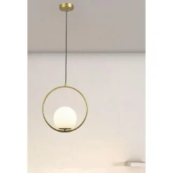 LAMPADARIO A SOSPENSIONE CERCHIO METALLO CON SFERA VETRO BIANCO ATTACCO E27 ORO 32811