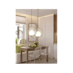 LAMPADARIO A SOSPENSIONE CERCHIO METALLO CON SFERA VETRO BIANCO ATTACCO E27 ORO 32811