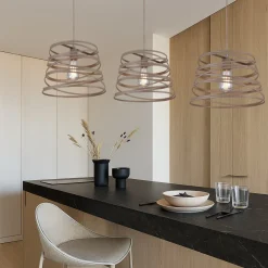 LAMPADARIO A SOSPENSIONE MODERNO CON PARALUME IN METALLO A VORTICE TRAFORATO TORTORA A08