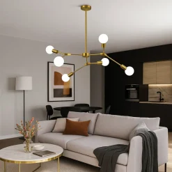 LAMPADARIO A SOSPENSIONE IN BRONZO GEOMETRICO CON 6 BRACCI ATTACCO E27 DA SOFFITTO A45-6