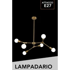 LAMPADARIO A SOSPENSIONE IN BRONZO GEOMETRICO CON 6 BRACCI ATTACCO E27 DA SOFFITTO A45-6
