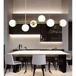 LAMPADARIO A SOSPENSIONE ORO CON 6 SFERE BOLLE BIANCHE IN VETRO ATTACCO G9 33726