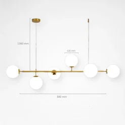 LAMPADARIO A SOSPENSIONE ORO CON 6 SFERE BOLLE BIANCHE IN VETRO ATTACCO G9 33726
