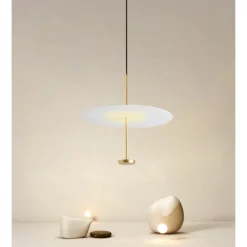 LAMPADARIO A SOSPENSIONE LUCE 6500K LED 18W DISCO PARALUME PIATTO BIANCO ORO TONDO 33207