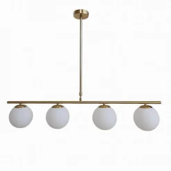 LAMPADARIO A SOSPENSIONE ORO CON 4 SFERE BOLLE BIANCHE IN VETRO ATTACCO G9 33917