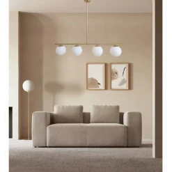 LAMPADARIO A SOSPENSIONE ORO CON 4 SFERE BOLLE BIANCHE IN VETRO ATTACCO G9 33917