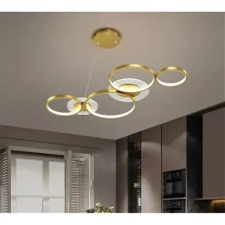 LAMPADARIO A SOSPENSIONE LED ORO 65W 6 ANELLI LUMINOSI MODERNO CON TELECOMANDO 71422