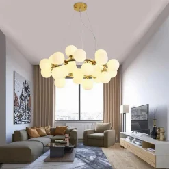 LAMPADARIO CONTEMPORANEO IN METALLO BRONZO A SOSPENSIONE 25 SFERE VETRO G9 B87