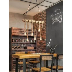 LAMPADARIO COUNTRY 6 PORTALAMPADA E27 LAMPADA SOFFITTO VINTAGE LEGNO CORDA B23-6