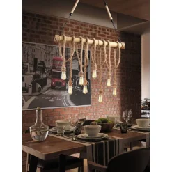 LAMPADARIO COUNTRY 8 PORTALAMPADA E27 LAMPADA SOFFITTO RETRO LEGNO CORDA B23-8