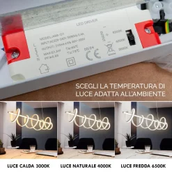 LAMPADARIO LED 60 WATT LAMPADA TWIST BIANCO STILIZZATO TECNOLOGIA CCT 3000K-6500K A68-B3C