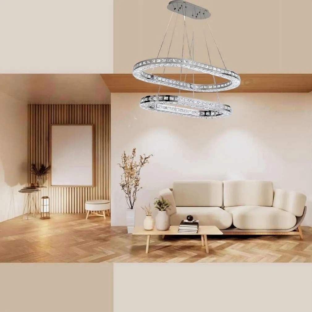 LAMPADARIO MODERNO A SOSPENSIONE LED LUCE FREDDA 40W 2 ANELLI OVALI CRISTALLI B49