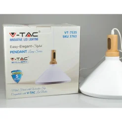 LAMPADARIO PENDENTE LAMPADA A SOSPENSIONE PARABOLA BIANCA BASE IN LEGNO VT-7535