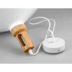 LAMPADARIO PENDENTE LAMPADA A SOSPENSIONE PARABOLA BIANCA BASE IN LEGNO VT-7545