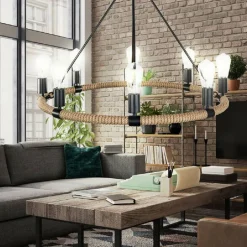 LAMPADARIO ROTONDO RUSTICO IN CANAPA METALLO ATTACCO E27 LAMPADA INDUSTRIALE A20