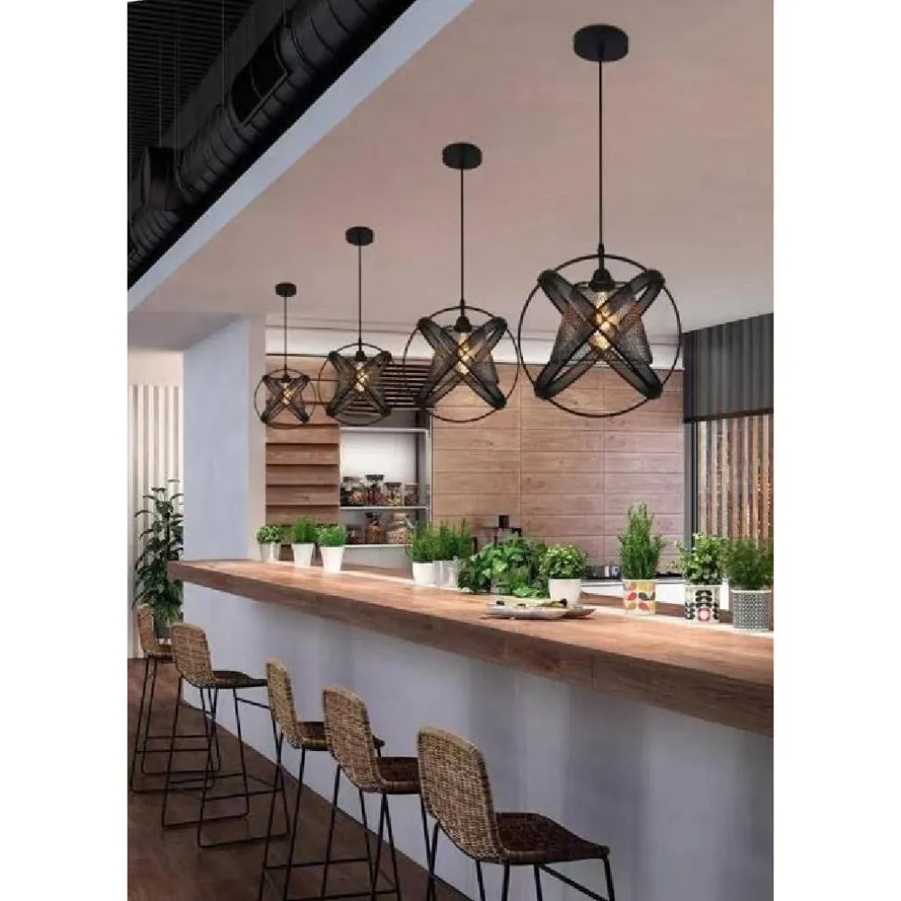 LAMPADARIO SOFFITTO CON PARALUME 3 ANELLI METALLO TRAFORATO NERO ATTACCO E27 A62