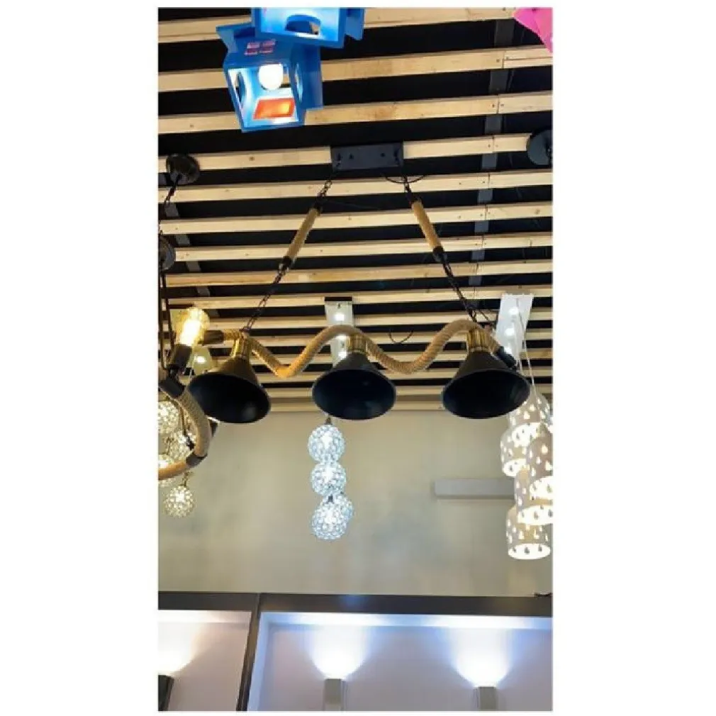 LAMPADARIO SOFFITTO CORDA IN CANAPA VINTAGE RUSTICO LAMPADA 3 ATTACCHI E27 B24-3