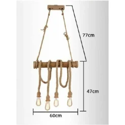LAMPADARIO SOSPENSIONE CON CORDA IN CANAPA 4 PORTALAMPADA E27 STILE COUNTRY B23