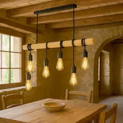 LAMPADARIO SOSPENSIONE LEGNO STILE INDUSTRIALE 6 PORTALAMPADA E27 LAMPADA CUCINA B47-6