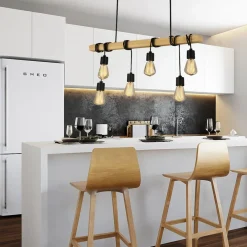 LAMPADARIO SOSPENSIONE LEGNO STILE INDUSTRIALE 6 PORTALAMPADA E27 LAMPADA CUCINA B47-6