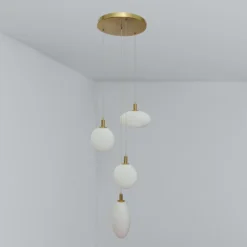 LAMPADARIO SOSPENSIONE MODERNO CASCATA 4 PENDENTI DI FORME DIVERSE G9 ORO LP-04