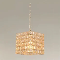 LAMPADARIO SOSPESO CUBO CRISTALLI LAMPADA LUCE ATTACCO E27 ORO QUADRATO 32309