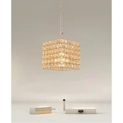 LAMPADARIO SOSPESO CUBO CRISTALLI LAMPADA LUCE ATTACCO E27 ORO QUADRATO 32309