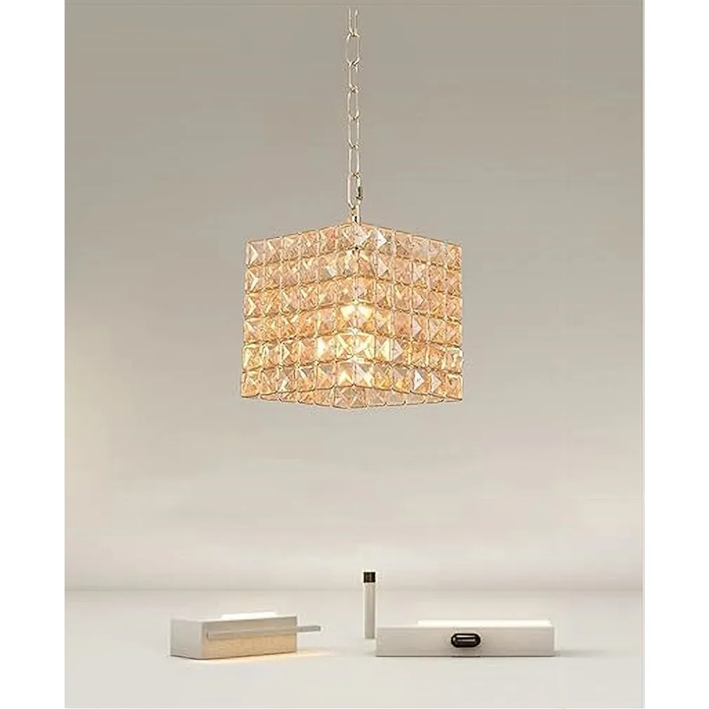 LAMPADARIO SOSPESO CUBO CRISTALLI LAMPADA LUCE ATTACCO E27 ORO QUADRATO 32309