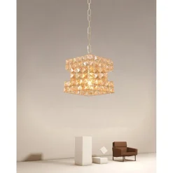 LAMPADARIO SOSPESO CUBO INTRECCIATO CON CRISTALLI LAMPADA LUCE E27 ORO 32385
