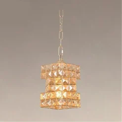 LAMPADARIO SOSPESO RETTANGOLARE INTRECCIATO CON CRISTALLI LUCE E27 ORO 32392