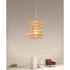 LAMPADARIO SOSPESO RETTANGOLARE INTRECCIATO CON CRISTALLI LUCE E27 ORO 32392