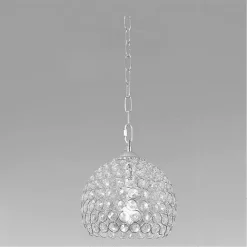 LAMPADARIO SOSPESO TONDO CUPOLA LAMPADA MEZZA SFERA CRISTALLI LUCE E27 ARGENTO 32378