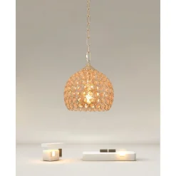LAMPADARIO SOSPESO TONDO CUPOLA LAMPADA MEZZA SFERA CRISTALLI LUCE E27 ORO 32354