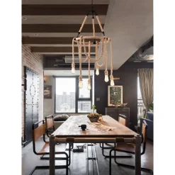 LAMPADARIO VINTAGE 6 PORTALAMPADA E27 CORDA CANAPA LAMPADA COUNTRY RETRO A38-6