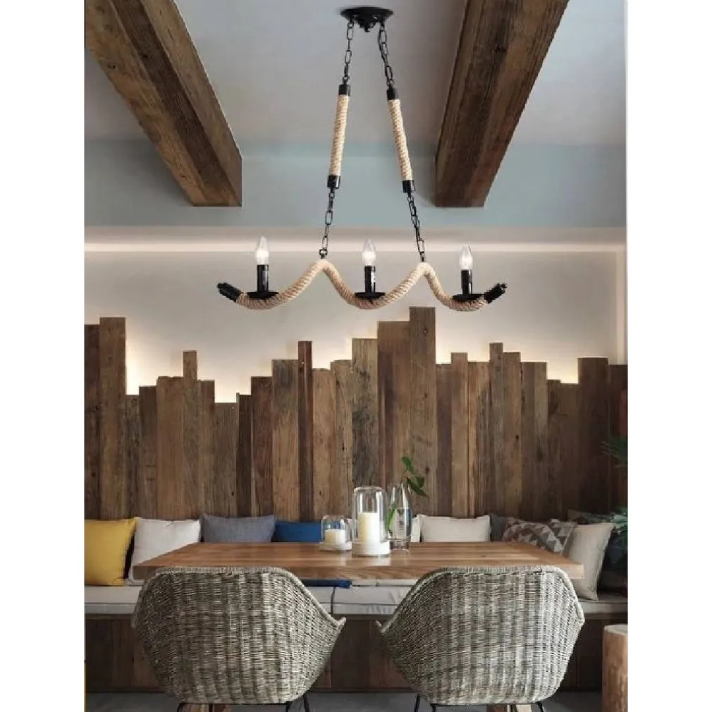 LAMPADARIO VINTAGE 3 PORTALAMPADA E14 CORDA CANAPA LAMPADA COUNTRY RETRO A40-3