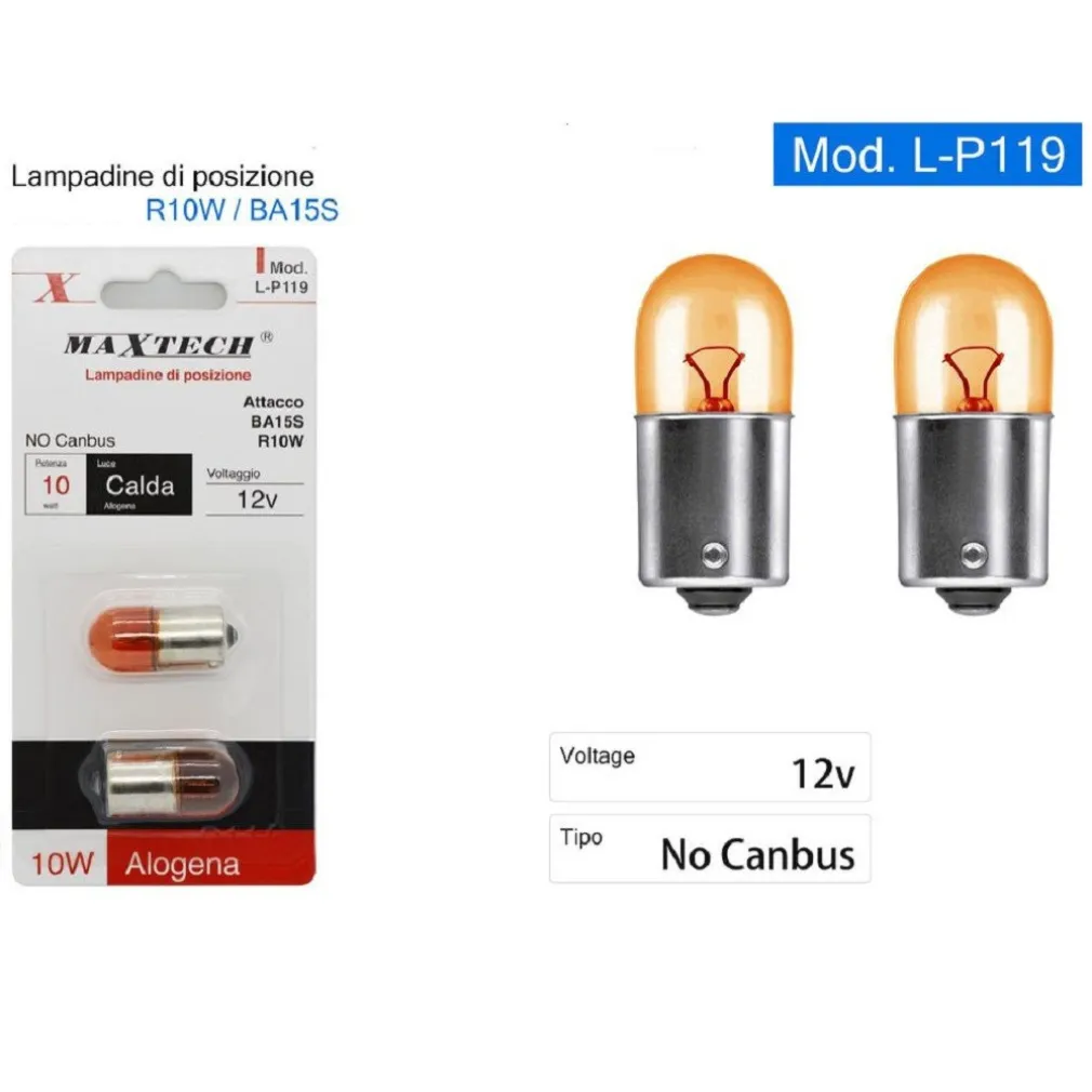 LAMPADINE POSIZIONE BA15S AUTO L-P119 R10W 12V LUCE CALDA ALOGENA 10W NO CANBUS