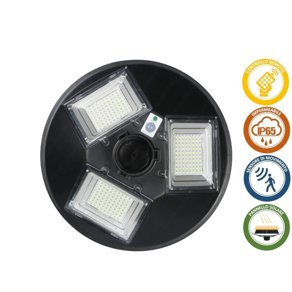 LAMPIONE LED 100W CON PANNELLO ENERGIA SOLARE IP65 SENSORE MOVIMENTO SO-GD-100W