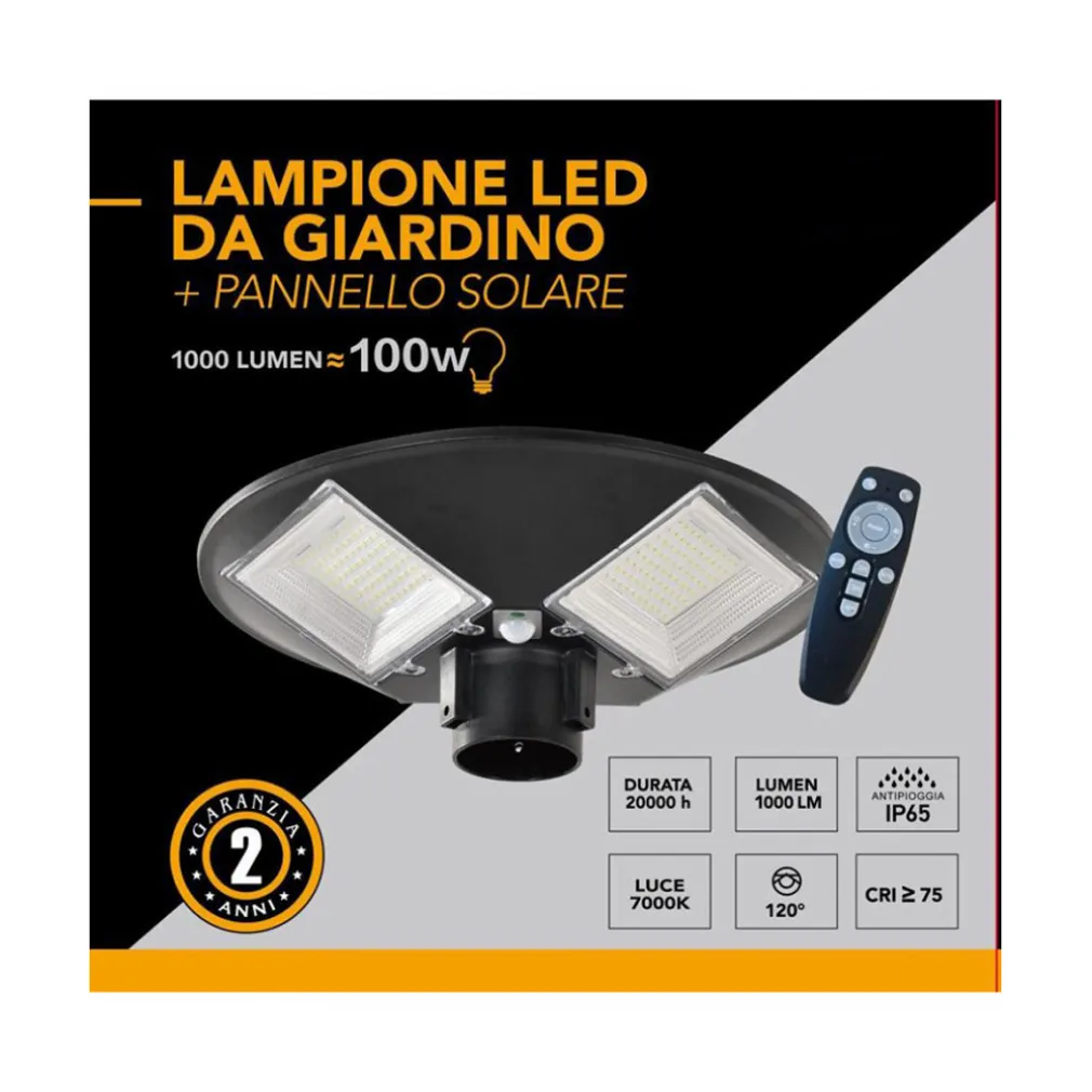 LAMPIONE LED 100W CON PANNELLO ENERGIA SOLARE IP65 SENSORE MOVIMENTO SO-GD-100W