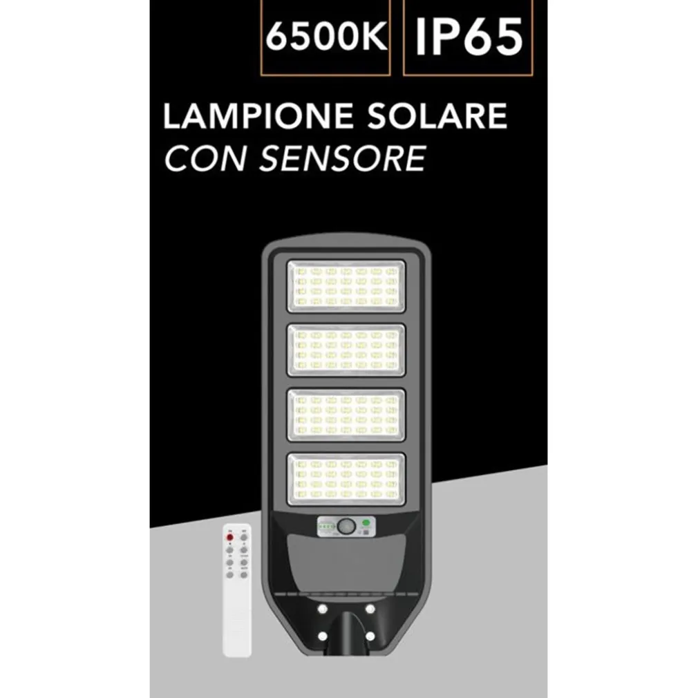 LAMPIONE STRADALE LED PANNELLO SOLARE CON SENSORE PIR LUCE FREDDA 6500K IP65 J02-220W-F