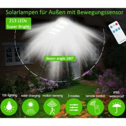 LAMPIONE STRADALE PANNELLO SOLARE 213 LED CON SENSORE DI MOVIMENTO E TELECOMANDO