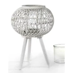 LANTERNA PORTACANDELA CON PIEDI TONDA 17X46CM IN LEGNO BAMBÙ VETRO BIANCO 777929