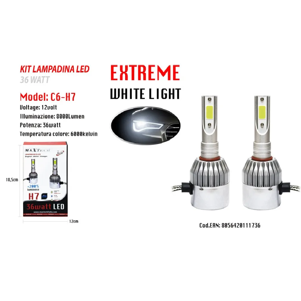 LED AUTO E MOTO LAMPADE FARI MAXTECH H7 C6 KIT LAMPADINE 36W LUCE BIANCA 6000K